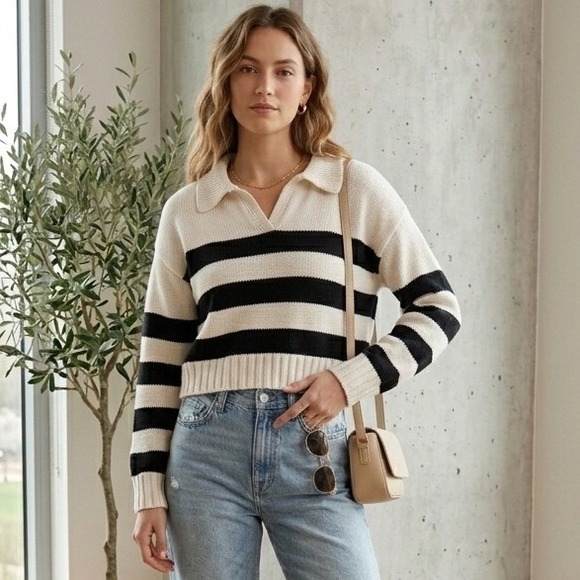 Quince Sweaters - Quince Cropped Polo Sweater Womens Medium Ivory Black Striped Cotton Preppy